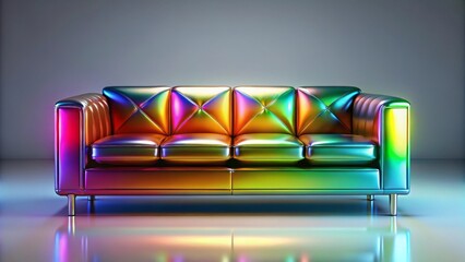 A captivating iridescent sofa, showcasing a spectrum of colors, rests elegantly on a polished floor, reflecting its vibrant hues.