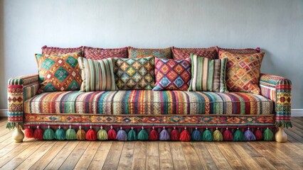 Vibrant Bohemian Sofa with Multicolored Pillows and Tassels, a Tapestry of Comfort and Style