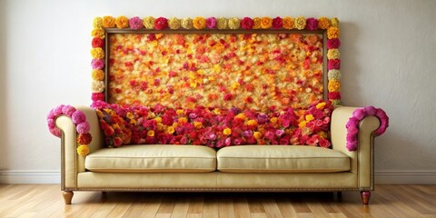 Elegant cream sofa adorned with vibrant floral arrangement, a breathtaking centerpiece for any event