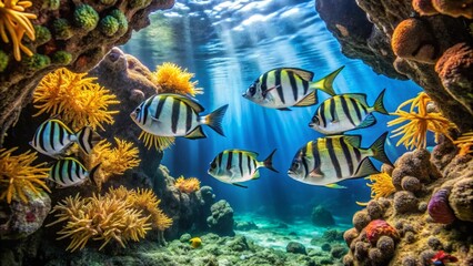 Serene underwater scene showcasing a school of striped fish gracefully swimming amidst vibrant coral reefs bathed in sunlit beams