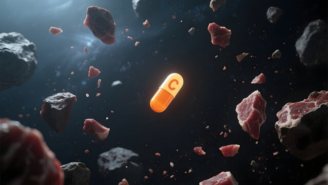 A glowing orange capsule floats amidst a field of rocky debris in a cosmic setting.