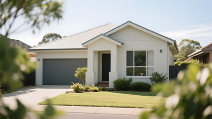 Modern Single-Story Home with White Exterior and Landscaped Front Yard