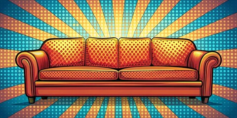 Retro Orange Sofa on a Vibrant Pop Art Background, Perfect for Home Decor and Interior Design Projects