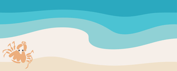 Ocean beach horizontal banner with crab. Design background template with aquatic animal and copy space. Vector hand drawn illustration.