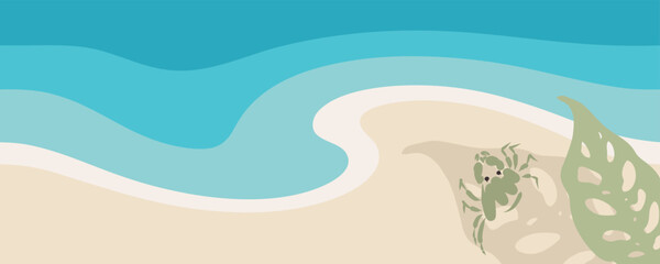 Sea beach horizontal banner with crab and leaf shadow. Design background template with aquatic animal and copy space. Vector hand drawn illustration.