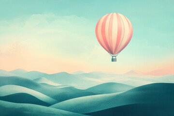 Obraz premium A whimsical, pastel-colored scene with a hot air balloon soaring above rolling hills and distant peaks.