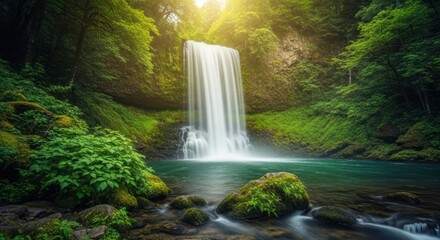 Obraz premium Lush waterfall cascades into serene pool under sunlit canopy