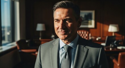 Man in suit in an office, sunlit