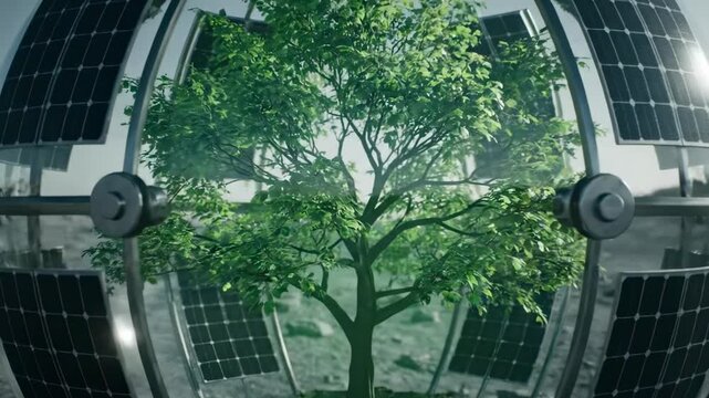 A futuristic, transparent habitat featuring a thriving tree surrounded by solar panels, set against a barren lunar landscape, symbolizing sustainable living in space exploration
