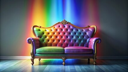 A Luxurious Multicolored Chesterfield Sofa Illuminated by a Vibrant Rainbow Backdrop in a Modern Interior Setting