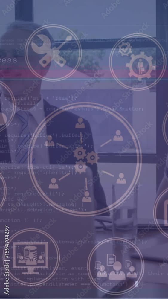 Poster animation of connections with icons and data processing over business people
