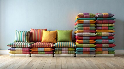 A vibrant arrangement of colorful striped and patterned pillows stacked and arranged as a cozy seating option against a light wall