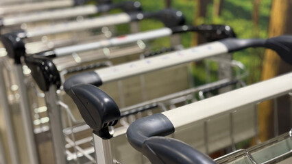 Row of gleaming shopping carts anticipates bustling frugality festival, capturing consumer...