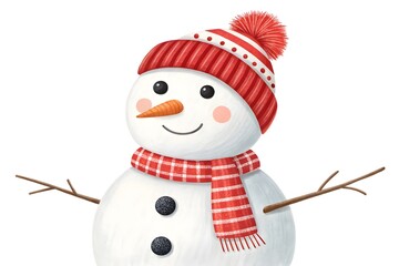 Cute snowman wearing red hat and scarf isolated on white background