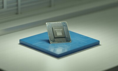 Microchip on blue tile, detailed circuits, QR code