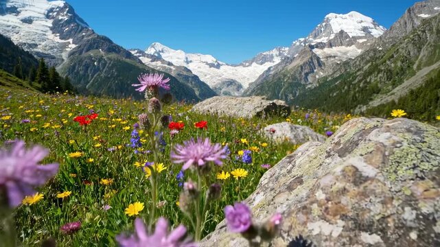 A vibrant alpine meadow filled with colorful wildflowers in the foreground, set against a backdrop of majestic snow-capped mountains under a clear blue sky, showcasing nature's beauty