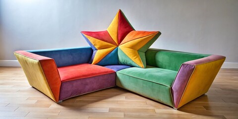 A vibrant multicolored sectional sofa with a whimsical star-shaped pillow, perfect for a playful and modern living space
