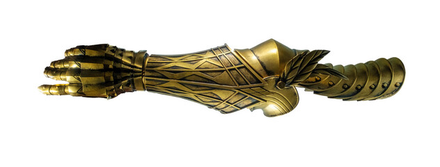 A gold-colored arm gauntlet, a piece of decorative or protective armor
