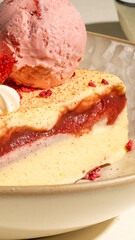 Velvety cheesecake adorned with a galaxy of rose-hued sorbet, whispering summer solstice indulgence and Berry Delight Day reverie