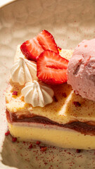 Whimsical strawberry mousse with vanilla whispers adorns creamy custard, perfect for Midwinter Feast or an enchanting Strawberry Festival