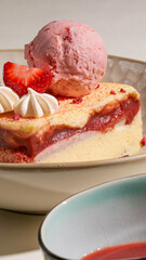 Strawberry cheesecake with gelato, dreamy dessert delight, celebrates National Dessert Day and Strawberry Moon festival, sugary indulgence