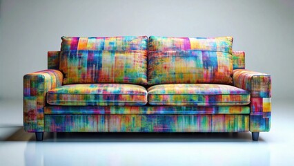 Vibrant multicolored couch with abstract patterned upholstery and plush cushions, ideal for modern living spaces