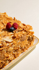 Golden, flaky honey-infused Napoleon cake nestles ripe raspberries and blueberries, perfect for Maslenitsa feasts or quirky dessert festivals