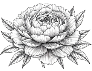 Hand-Drawn Black Ink Line Art Illustration of Peony Bloom, isolated on transparent background