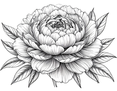 Hand-Drawn Black Ink Line Art Illustration of Peony Bloom, isolated on transparent background - Powered by Adobe