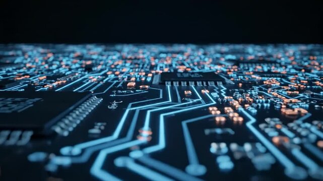 Close-up view of a complex circuit board showcasing intricate pathways and components, illuminated by blue and orange lights, set against a dark background, ideal for technology-related content