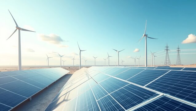 Solar Panels and Wind Turbines Against a Blue Sky Renewable Energy Concept - Powered by Adobe