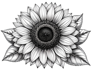 Hand-Drawn Line Art Sunflower Illustration in Black Ink, isolated on transparent background