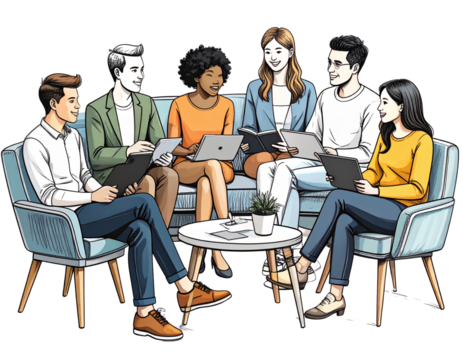 Hand-Drawn Sketch Style Diverse Team Working Together Comfortably, isolated PNG