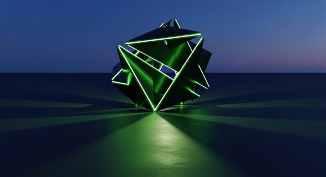 Neon-edged geometric shape casts angular shadows
