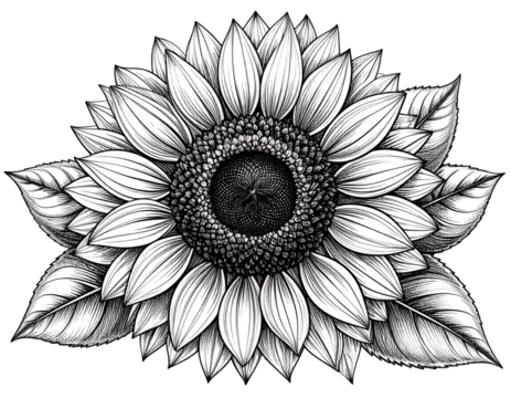 Hand-Drawn Line Art Sunflower Illustration in Black Ink, isolated on transparent background - Powered by Adobe
