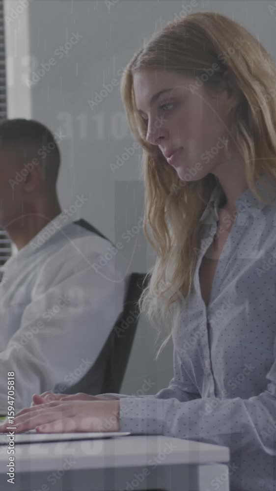 Poster animation of statistics and data processing over diverse business people working in office