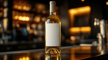 A bottle of crisp white wine awaits its moment at a dimly lit bar with a polished counter and warm