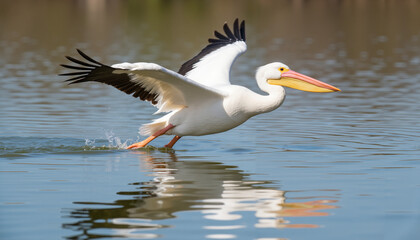 Obraz premium White pelican flying over the water's surface in a natural habitat 