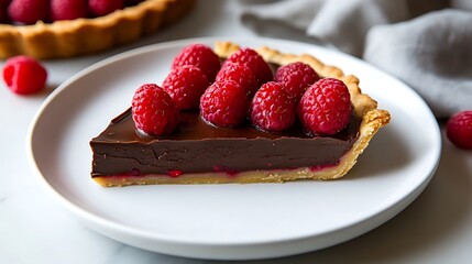 Slice of Chocolate Raspberry Tart on a White Plate