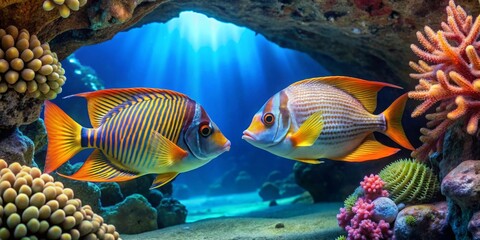 Vibrant Tropical Fish Pair in Underwater Rock Formation Exhibiting Striking Colors and Patterns