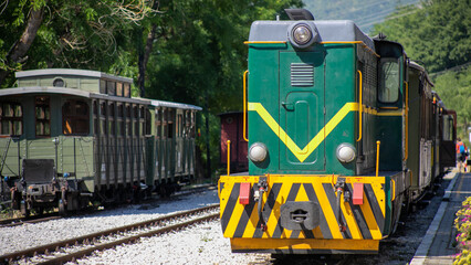 Chugging green locomotive whispers nostalgic tales of quaint railway heritage, Earth Day celebrations, and whimsical steam dreams  Šarganska (sharganska) osmica