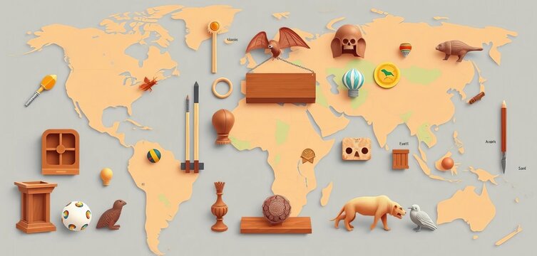 Flat design illustration of diverse museum artifacts on a world map background ,  culture,  web