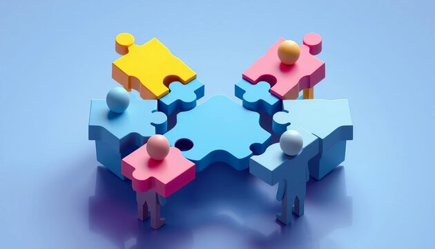 Isometric puzzle pieces forming a team, flat vector illustration,  problem-solving,  unity