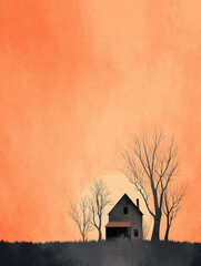 Spooky Old House Silhouette Against Orange Sunset Sky