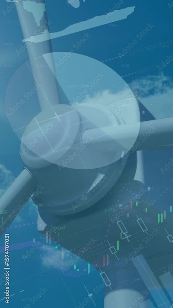 Poster animation of financial data processing over wind turbine
