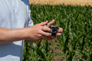 A Caucasian male, hands commanding a sleek drone amidst verdant cornfield; AgriTech innovations,...