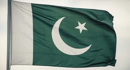Pakistan flag white stripe, green field, moon, star