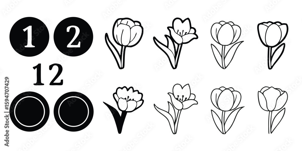Poster black and white tulip flower outlines with numbers and circles on transparent background this image 