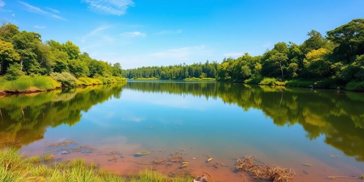 Serene oxbow lake landscape, tranquil water reflecting lush greenery,  design,  peaceful