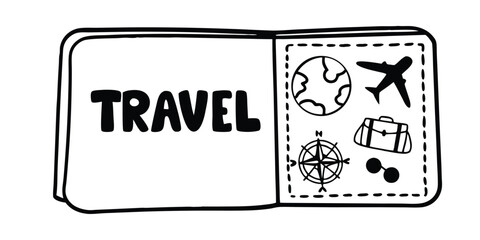 Hand Drawn Travel Passport with Icons and TRAVEL Text on Transparent Background hand drawn passport illustration featuring travel